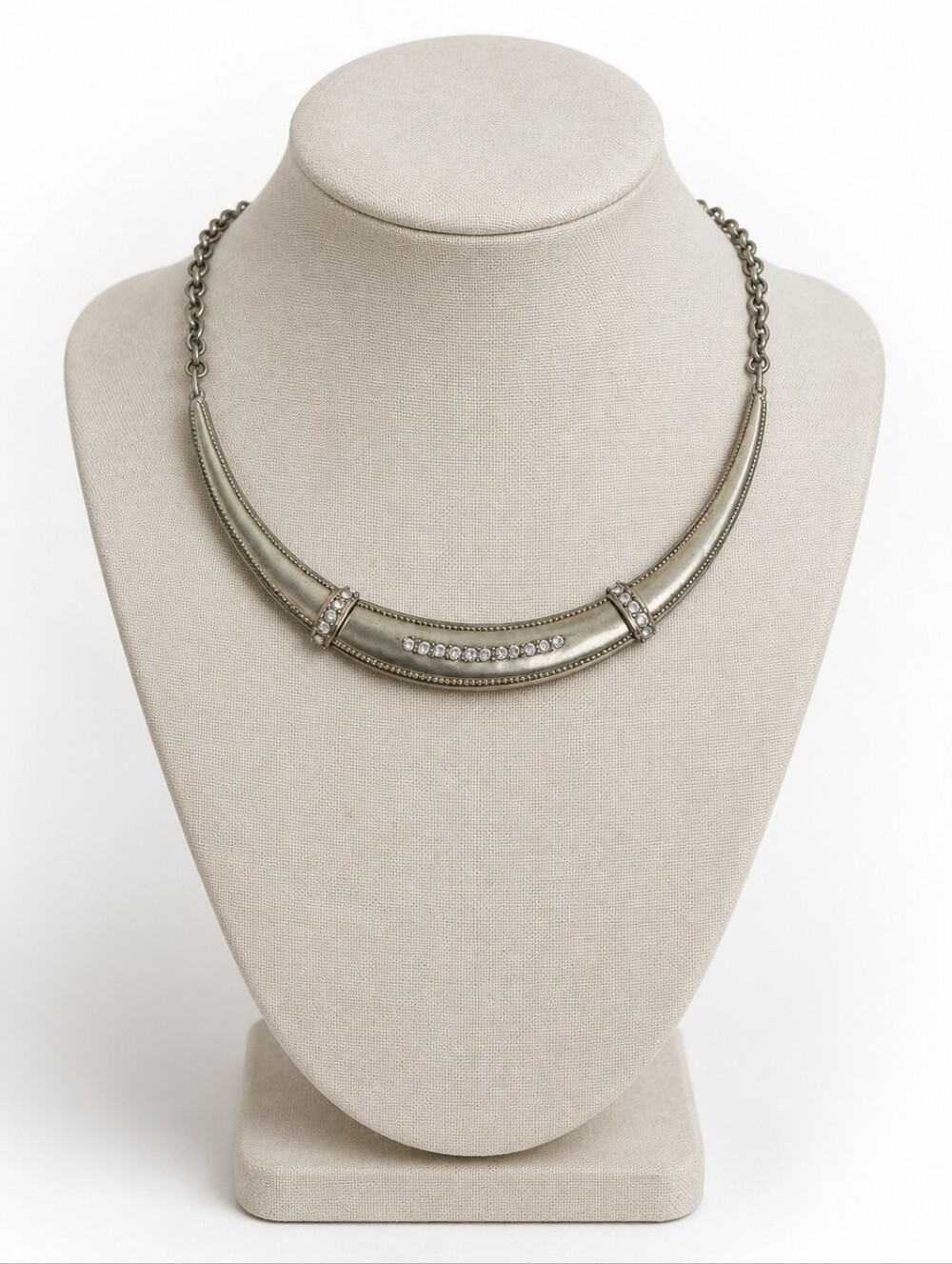 Chico's "Daryia" Brushed Silver Tone Crystal Crescent Collar Necklace